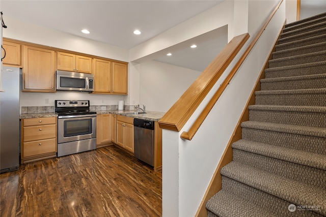 kitchen featuring light brown cabinetry, sink, dark hardwood / wood-style floors, and appliances with stainless steel finishes