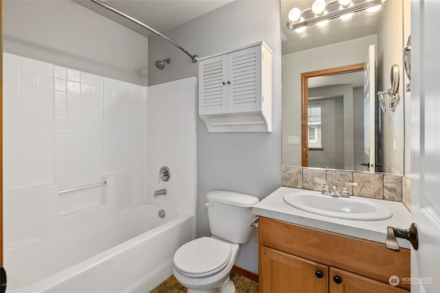 full bathroom with vanity,  shower combination, and toilet