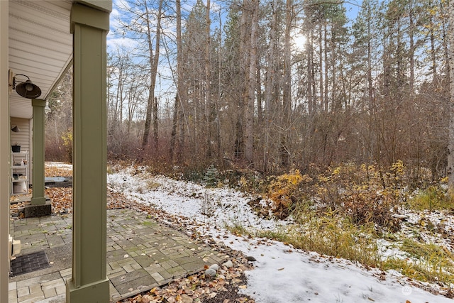 yard covered in snow featuring a patio