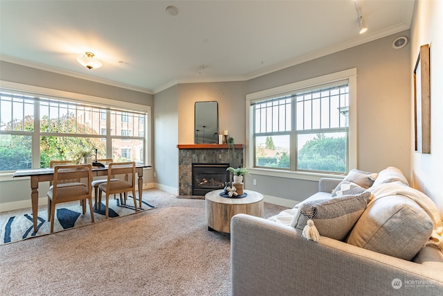 living room featuring carpet, plenty of natural light, and ornamental molding