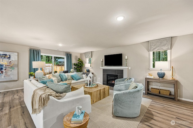 living room featuring a wealth of natural light, baseboards, wood finished floors, and a fireplace