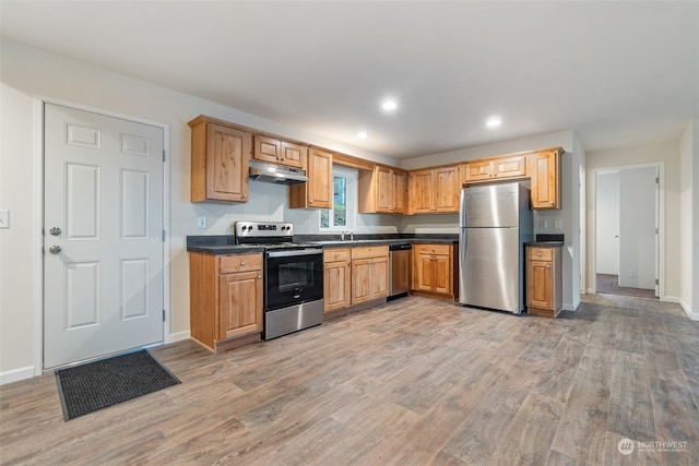 kitchen with stainless steel appliances and light hardwood / wood-style floors