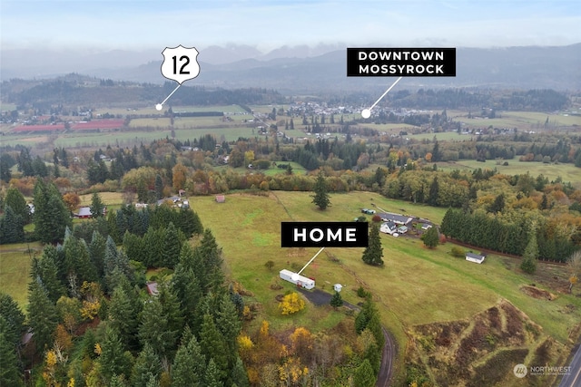 birds eye view of property featuring a mountain view and a rural view