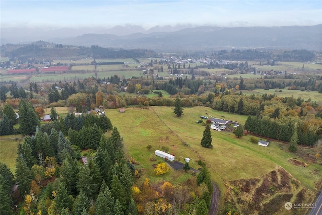 drone / aerial view featuring a mountain view and a rural view