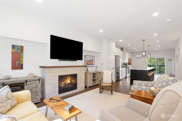 living room with dark wood-type flooring and sink