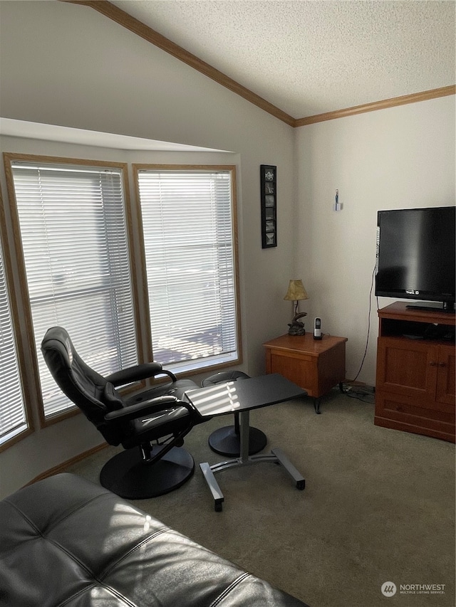 carpeted living room with ornamental molding, a textured ceiling, and lofted ceiling