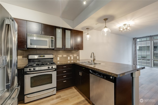 kitchen featuring sink, kitchen peninsula, stainless steel appliances, and dark brown cabinetry