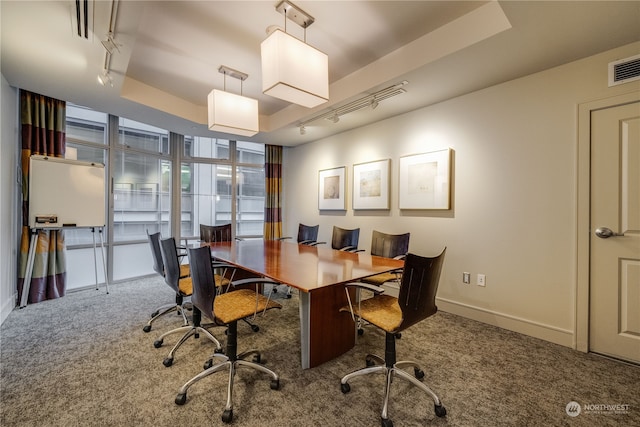 office space featuring a raised ceiling, carpet floors, and rail lighting