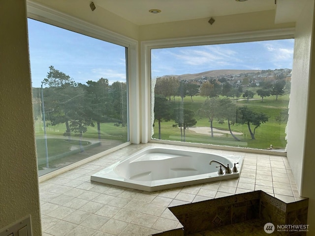 bathroom with a mountain view