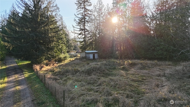 view of yard featuring a storage shed