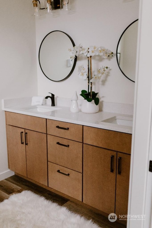 bathroom featuring hardwood / wood-style floors and vanity