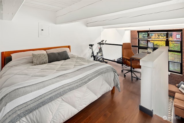 bedroom with beam ceiling, wood ceiling, and dark wood-type flooring