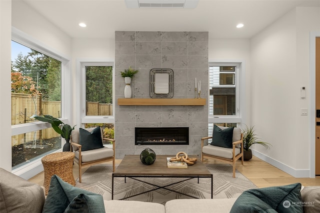 living room with a fireplace and hardwood / wood-style flooring