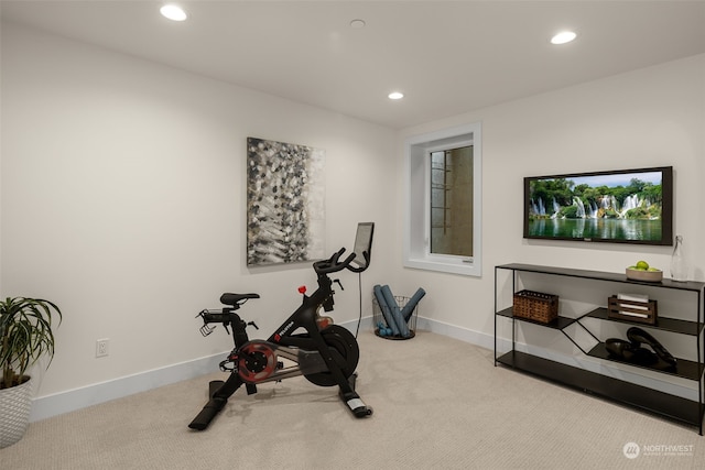 workout room featuring light carpet