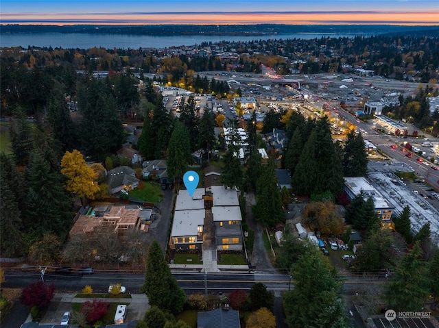 aerial view at dusk featuring a water view