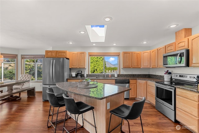 kitchen featuring dark hardwood / wood-style flooring, a wealth of natural light, a center island, and appliances with stainless steel finishes