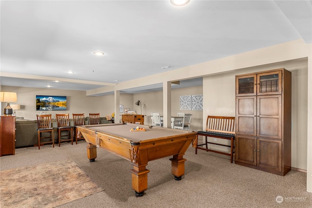 game room featuring light colored carpet and billiards