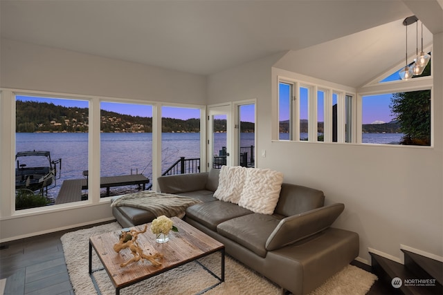 living room featuring a water view, wood-type flooring, and vaulted ceiling