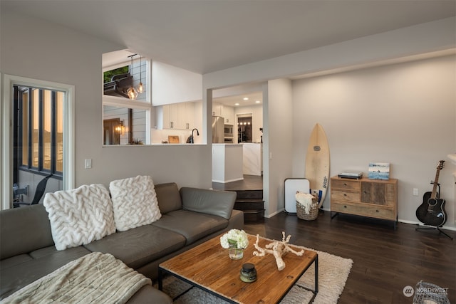 living room featuring dark hardwood / wood-style floors and a healthy amount of sunlight