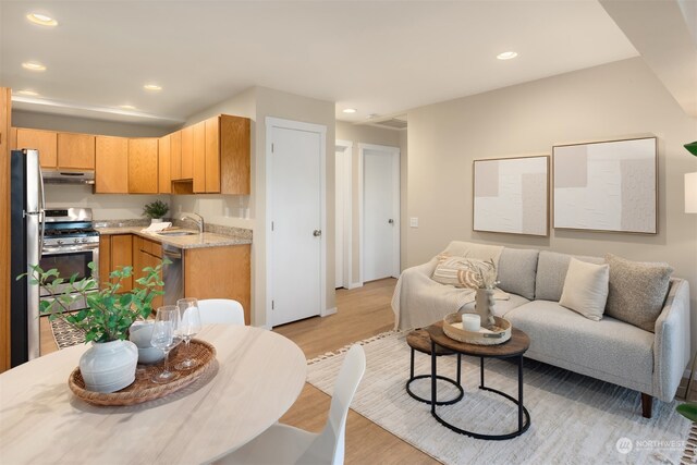 kitchen with appliances with stainless steel finishes, light wood-type flooring, and sink