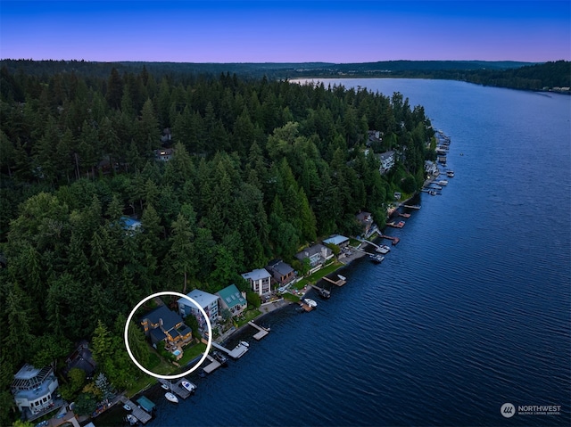 aerial view at dusk with a water view