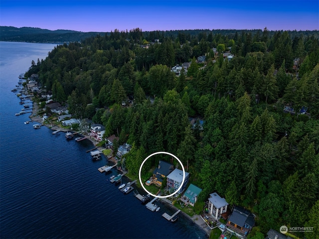 aerial view at dusk with a water view