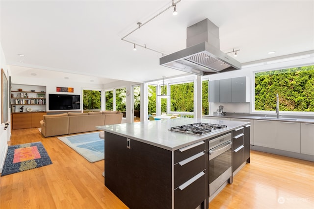 kitchen with sink, light hardwood / wood-style flooring, island exhaust hood, a kitchen island, and stainless steel appliances