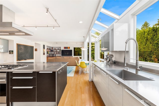 kitchen featuring stainless steel appliances, stainless steel counters, sink, light hardwood / wood-style flooring, and range hood