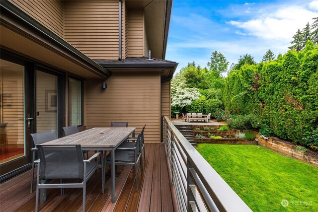7842 NE 10th St, Medina, WA 98039 - wooden terrace featuring outdoor dining space and a yard