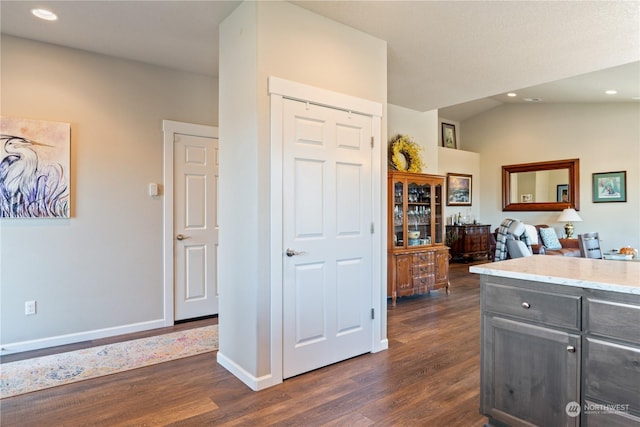 146 Zephyr Dr, Silverlake, WA 98645 - kitchen featuring dark wood finished floors, recessed lighting, lofted ceiling, light countertops, and open floor plan