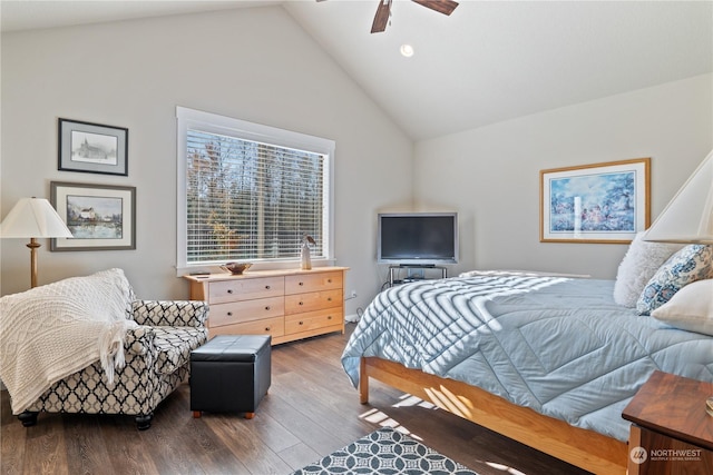 146 Zephyr Dr, Silverlake, WA 98645 - bedroom featuring wood finished floors, ceiling fan, and high vaulted ceiling