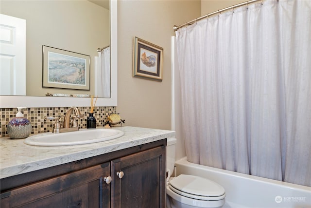 146 Zephyr Dr, Silverlake, WA 98645 - bathroom featuring vanity, tasteful backsplash, and shower / bathtub combination with curtain