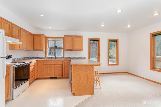 kitchen featuring white appliances, a center island, a healthy amount of sunlight, and sink