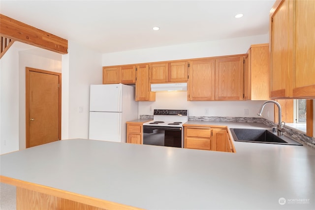 kitchen with kitchen peninsula, sink, and white appliances