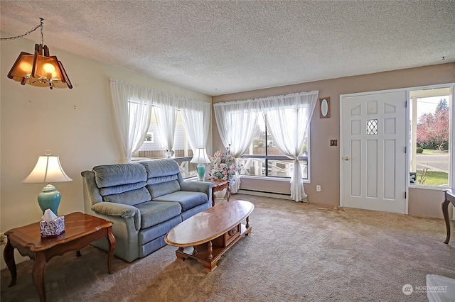 living room with plenty of natural light and carpet floors