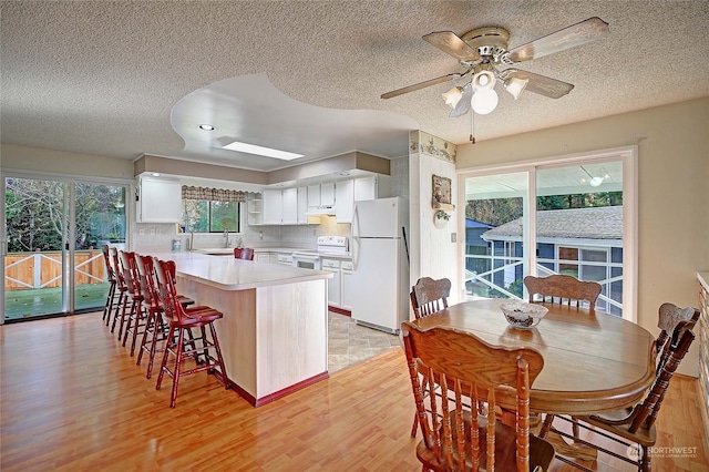 dining area with a wealth of natural light, ceiling fan, and light hardwood / wood-style floors