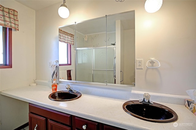 bathroom with vanity and walk in shower