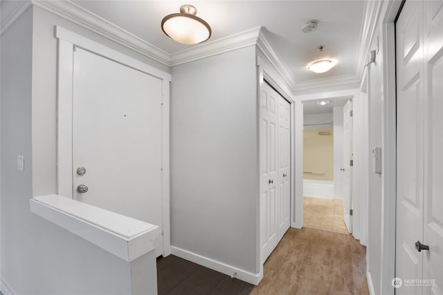 interior space with light hardwood / wood-style floors and ornamental molding