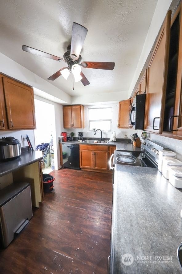 kitchen featuring appliances with stainless steel finishes, a textured ceiling, ceiling fan, sink, and dark hardwood / wood-style floors