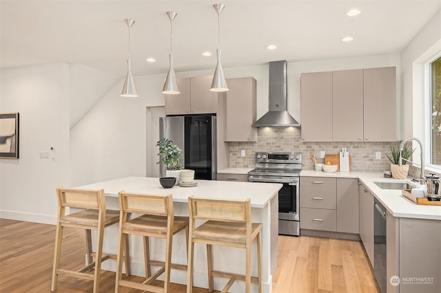 kitchen featuring gray cabinetry, sink, wall chimney range hood, and appliances with stainless steel finishes