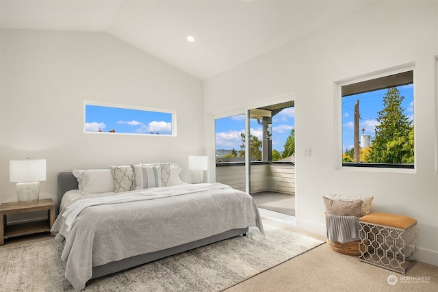 bedroom featuring lofted ceiling, carpet floors, and multiple windows