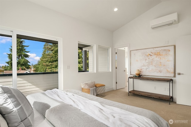 bedroom featuring a wall mounted air conditioner, lofted ceiling, and light carpet