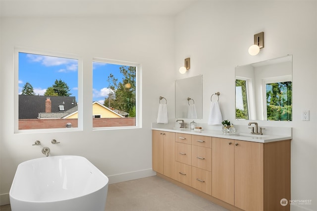 bathroom featuring a bathing tub, vanity, and vaulted ceiling