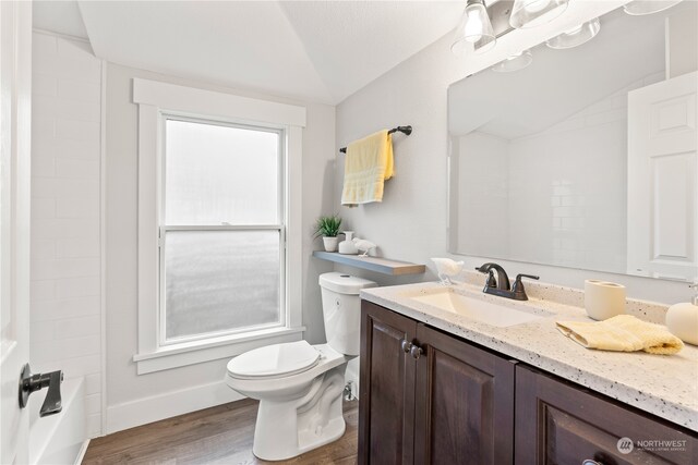 full bathroom with vanity, hardwood / wood-style flooring, toilet, and lofted ceiling