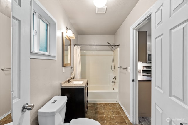 full bathroom featuring vanity, toilet, and shower / bathtub combination with curtain