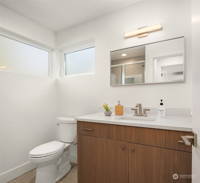 bathroom with vanity, toilet, and a shower with door