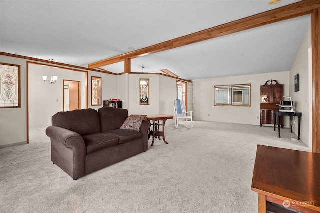 carpeted living room with crown molding, lofted ceiling with beams, a textured ceiling, and a notable chandelier