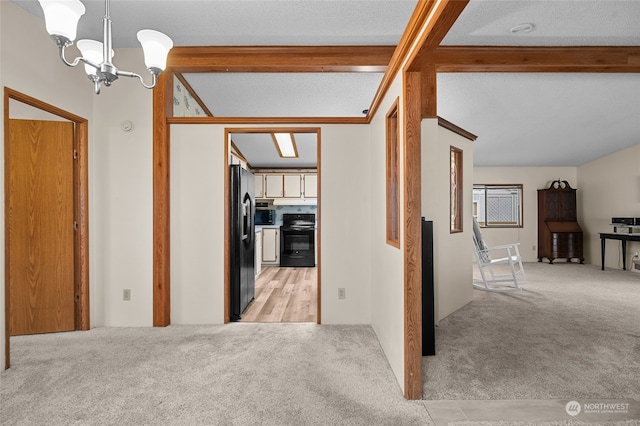 interior space featuring beam ceiling, a chandelier, light colored carpet, and a textured ceiling