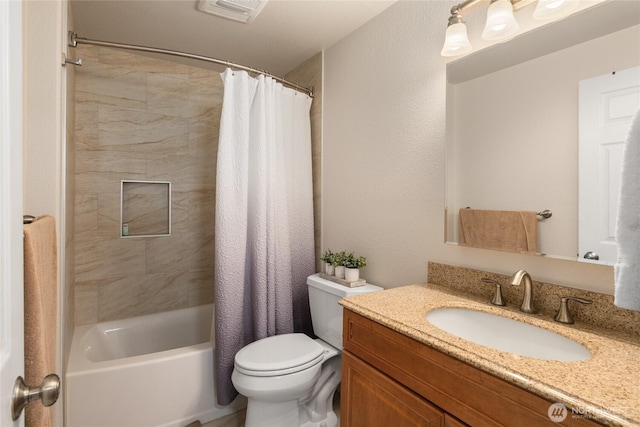 full bath featuring toilet, shower / tub combo, visible vents, and vanity