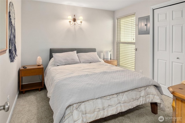 carpeted bedroom with a closet, electric panel, and baseboards